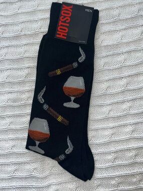 Hotsox Men’s Cognac And Cigars Crew Socks NWT Black Fun Novelty SZ Shoe 6-12 1/2